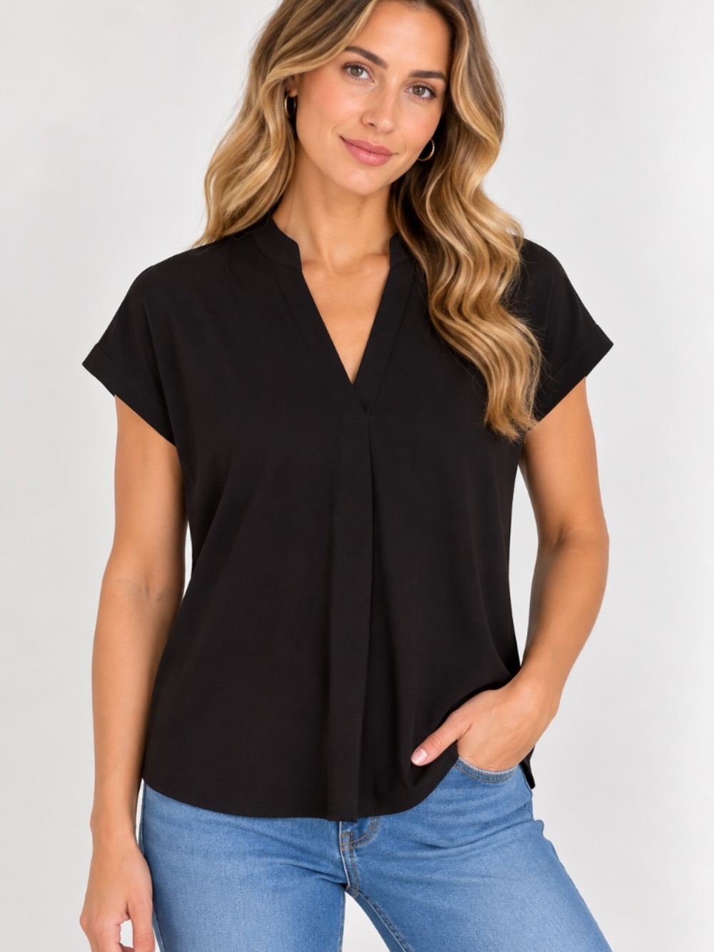 Grace Women’s Black V-Neck Short Sleeve Blouse, size XL